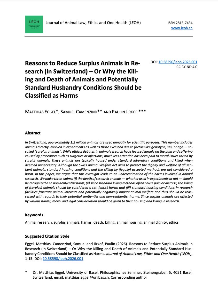 Reasons to Reduce Surplus Animals in Re- search (in Switzerland)